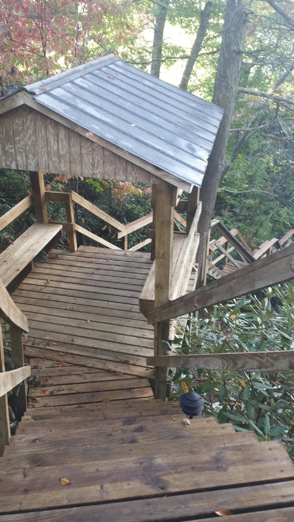 Metal roofed shelter over wooden steps on a wooded walkway — Skylight Repair & Installation work by our crew in Wayland